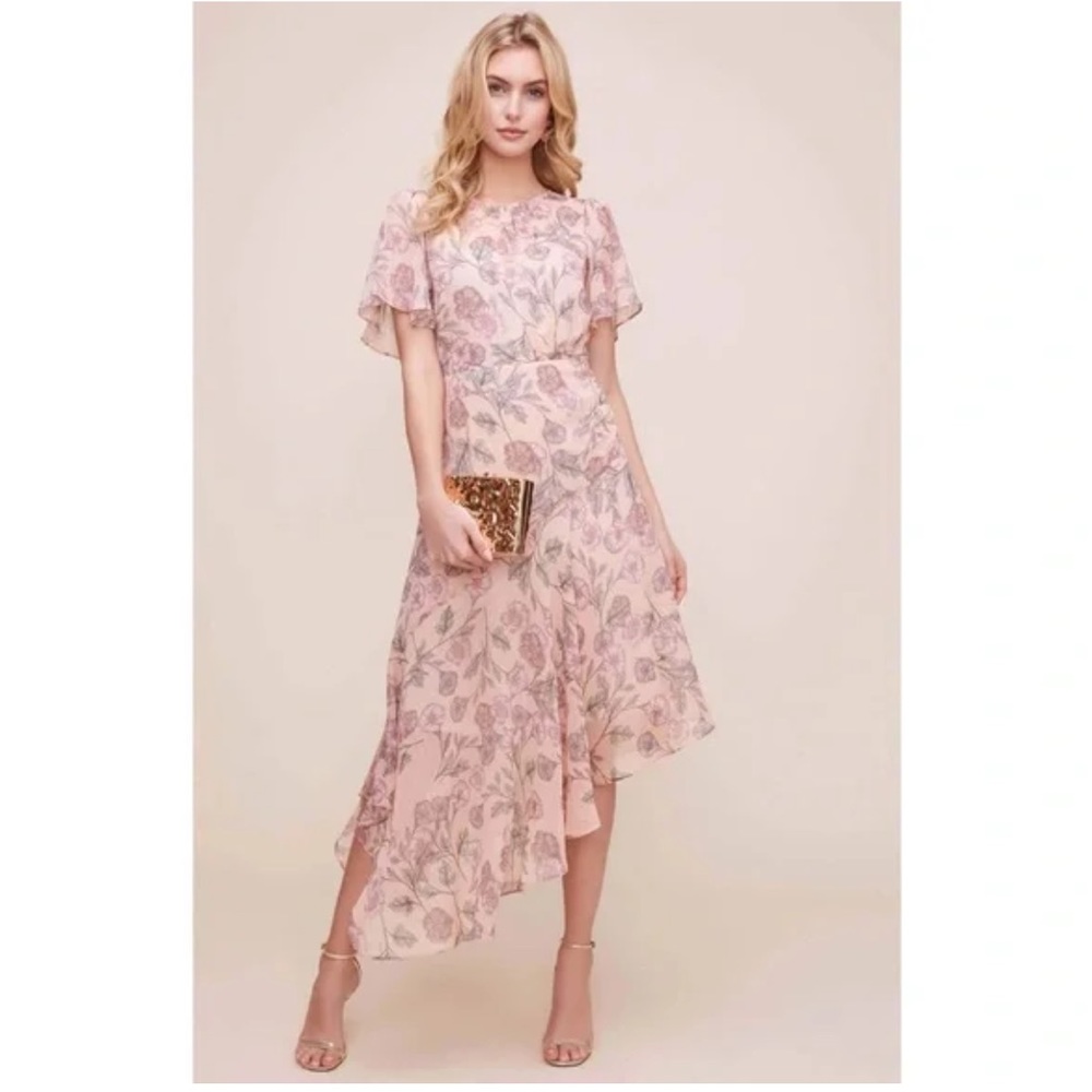 Astr the Label Flutter Sleeve Asymmetrical Pink Garden Floral Maxi -Size Medium